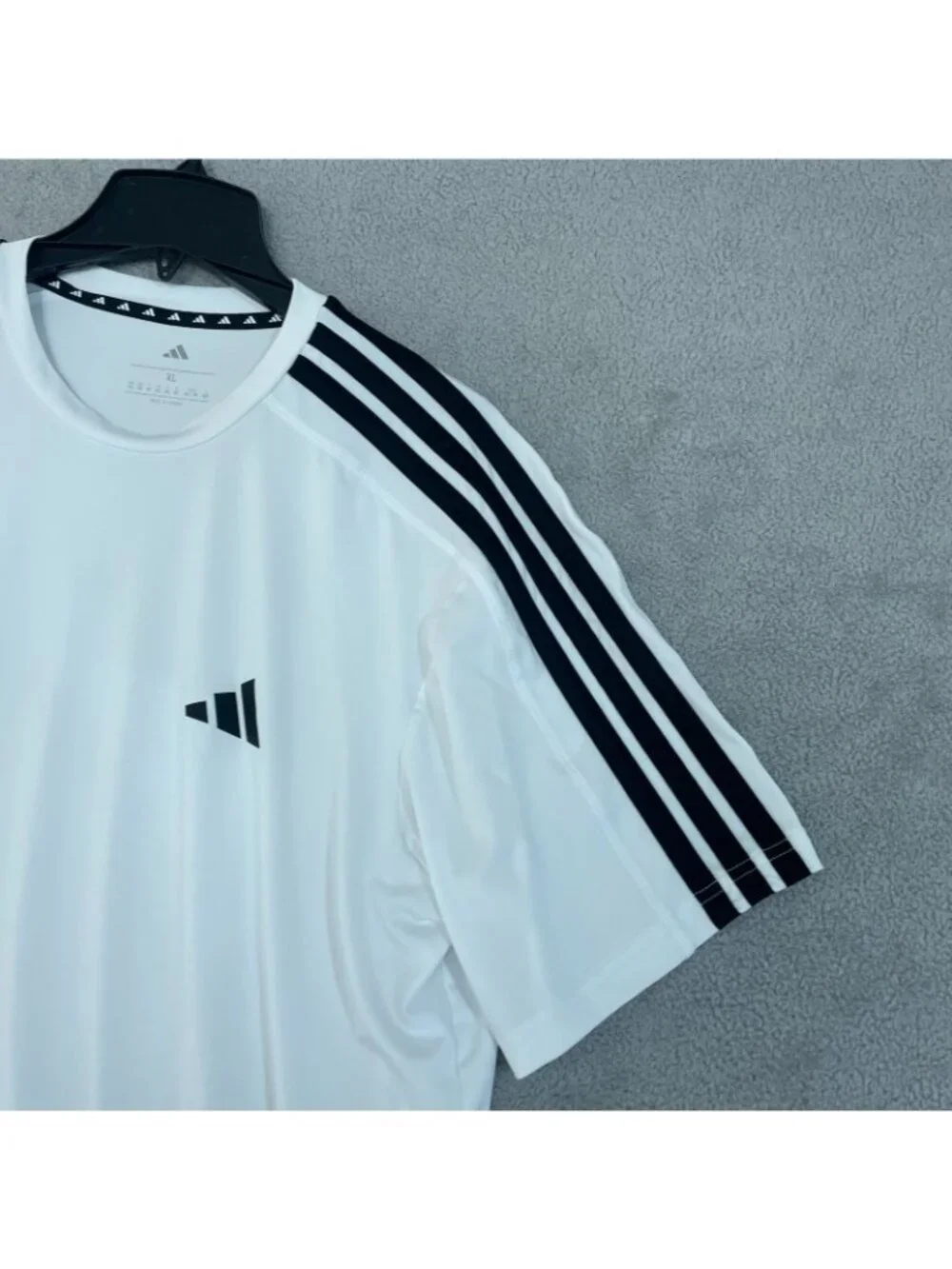 Adidas Men's XL White Athletic Tee With Black Stripes On Sleeves Logo On Chest